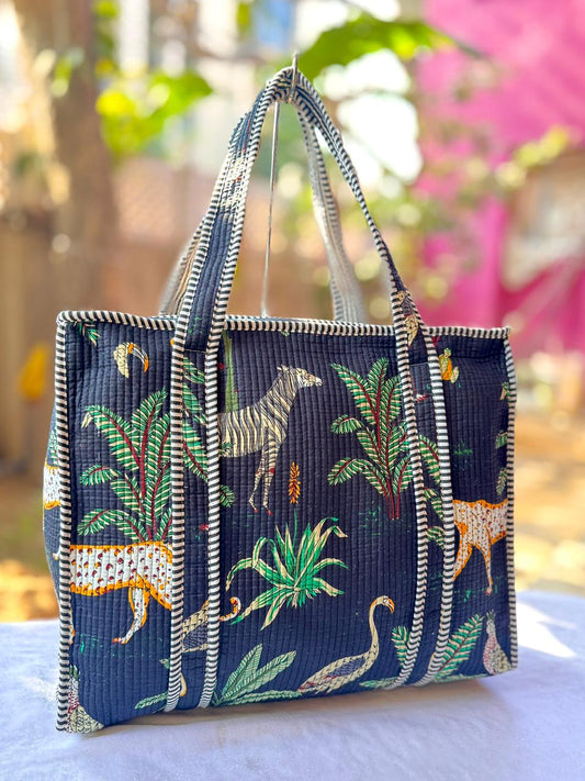Indigo Wildlife Printed Quilted Cotton Tote Bag