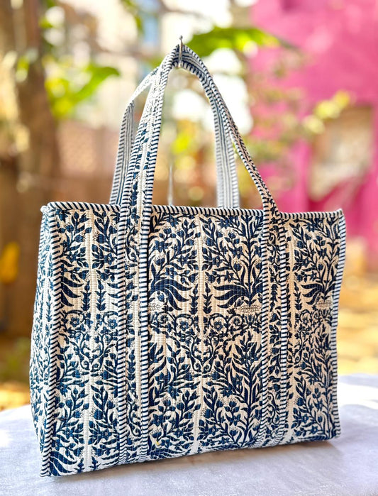 Blue Hand Block Printed Quilted Cotton Tote Bag