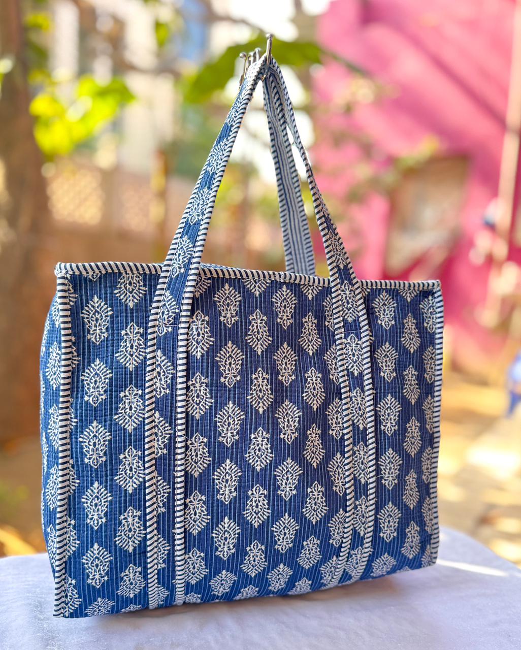 Hand Block Printed Indigo Quilted Cotton Tote Bag