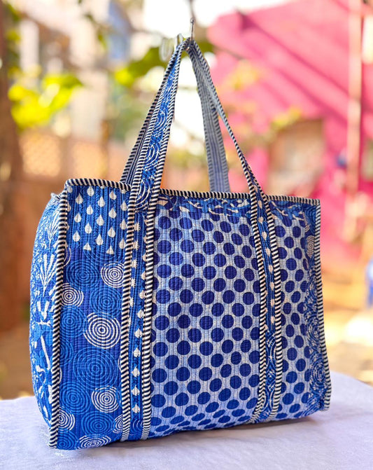 Indigo Block Print Quilted Cotton Tote Bag