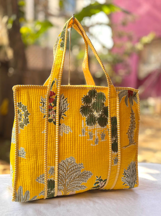 Yellow Floral Printed Quilted Cotton Tote Bag