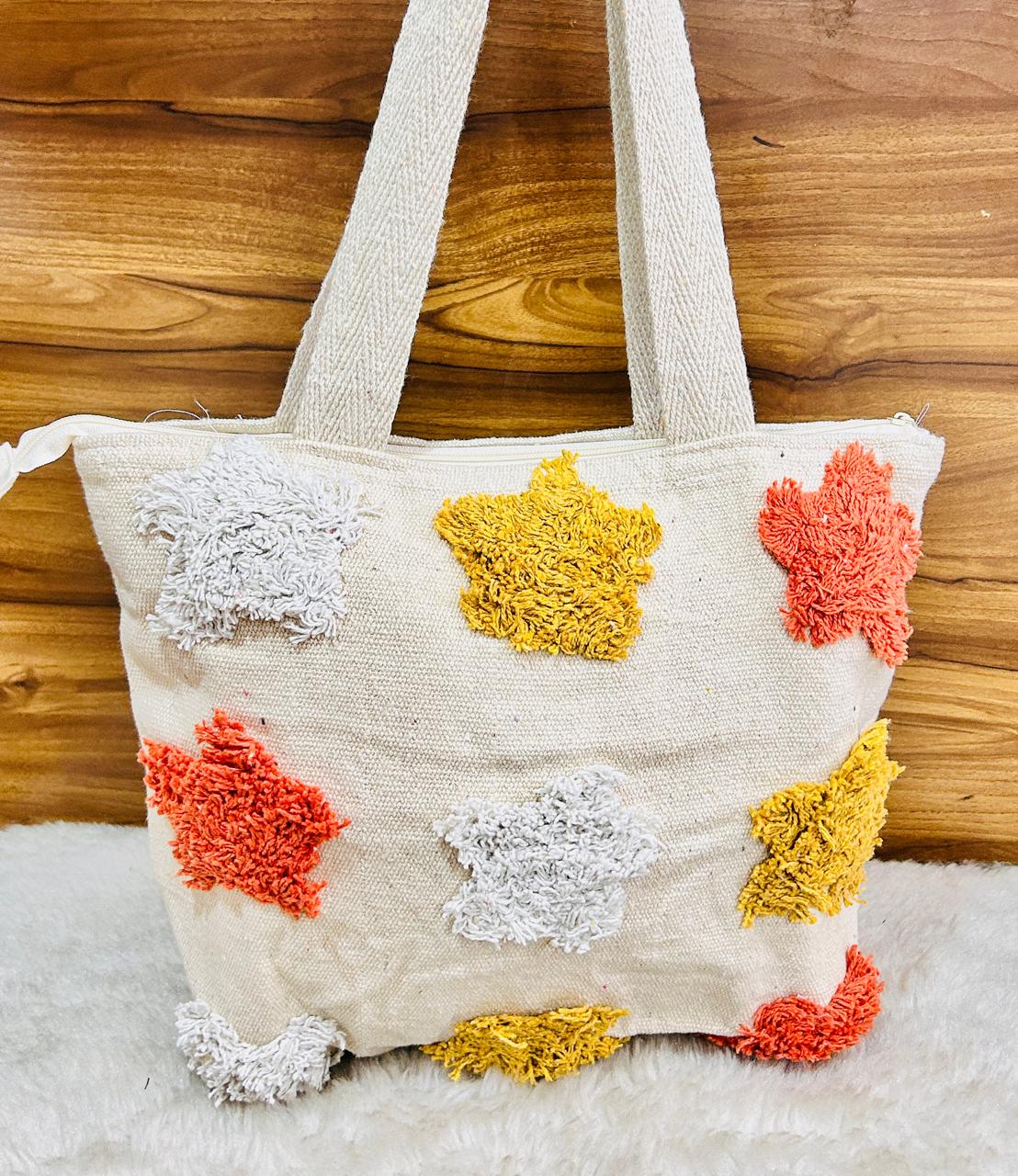Tufted Hand Embroidered Cotton Canvas Tote Bag