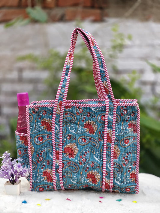 Handmade Floral Print Quilted Cotton Tote Beg