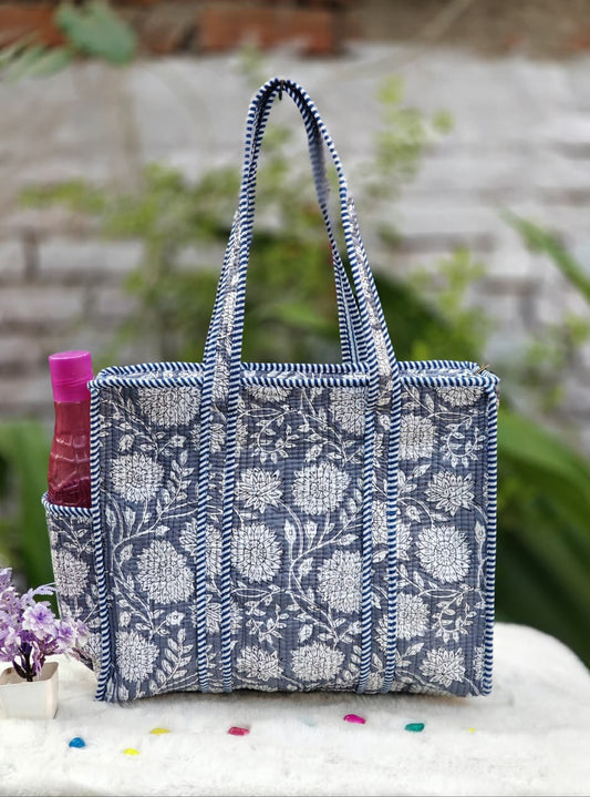 Indigo Floral Hand Block Printed Quilted Cotton Tote Bag