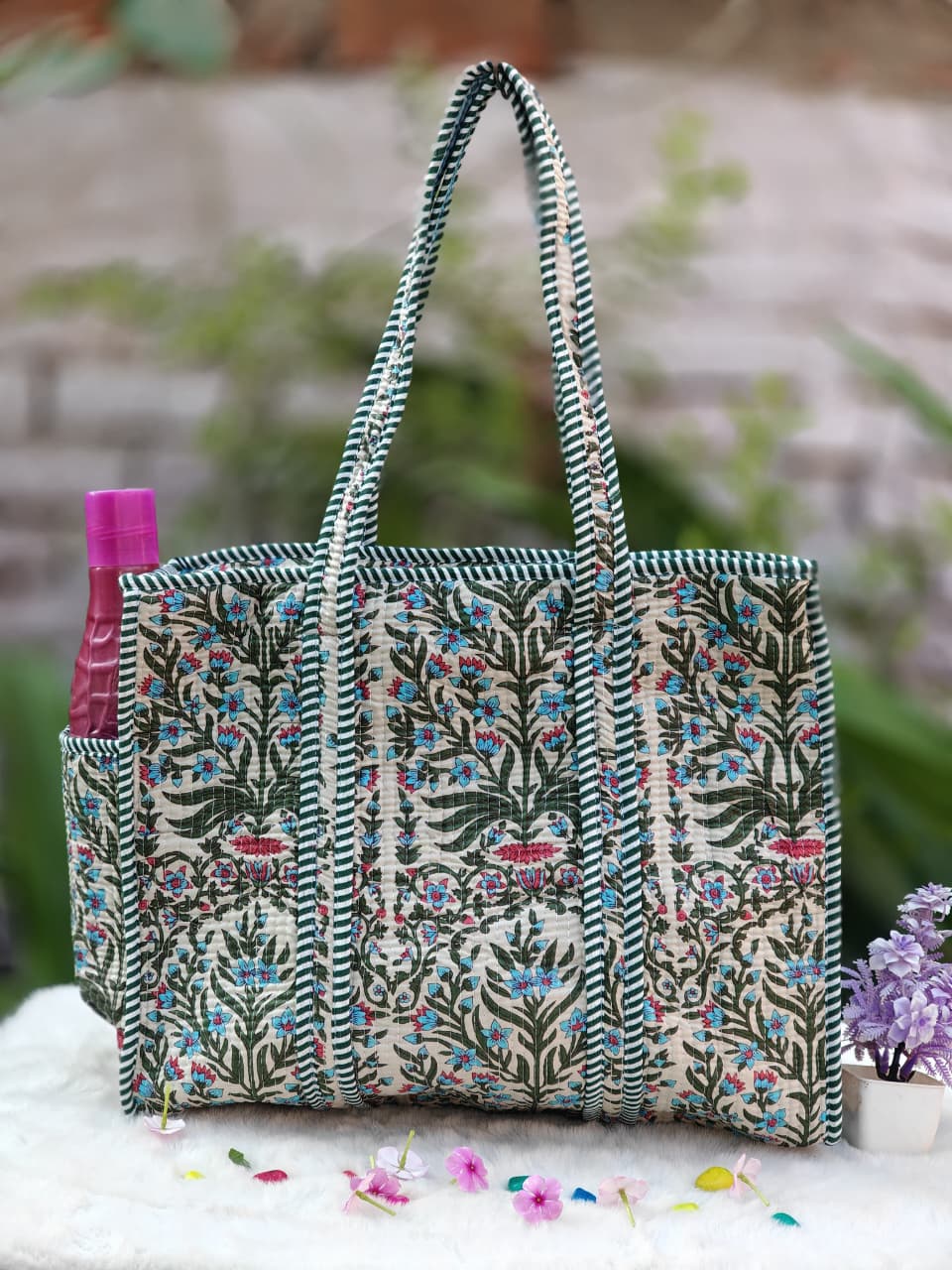 Floral Hand Block Printed Quilted Cotton Begs