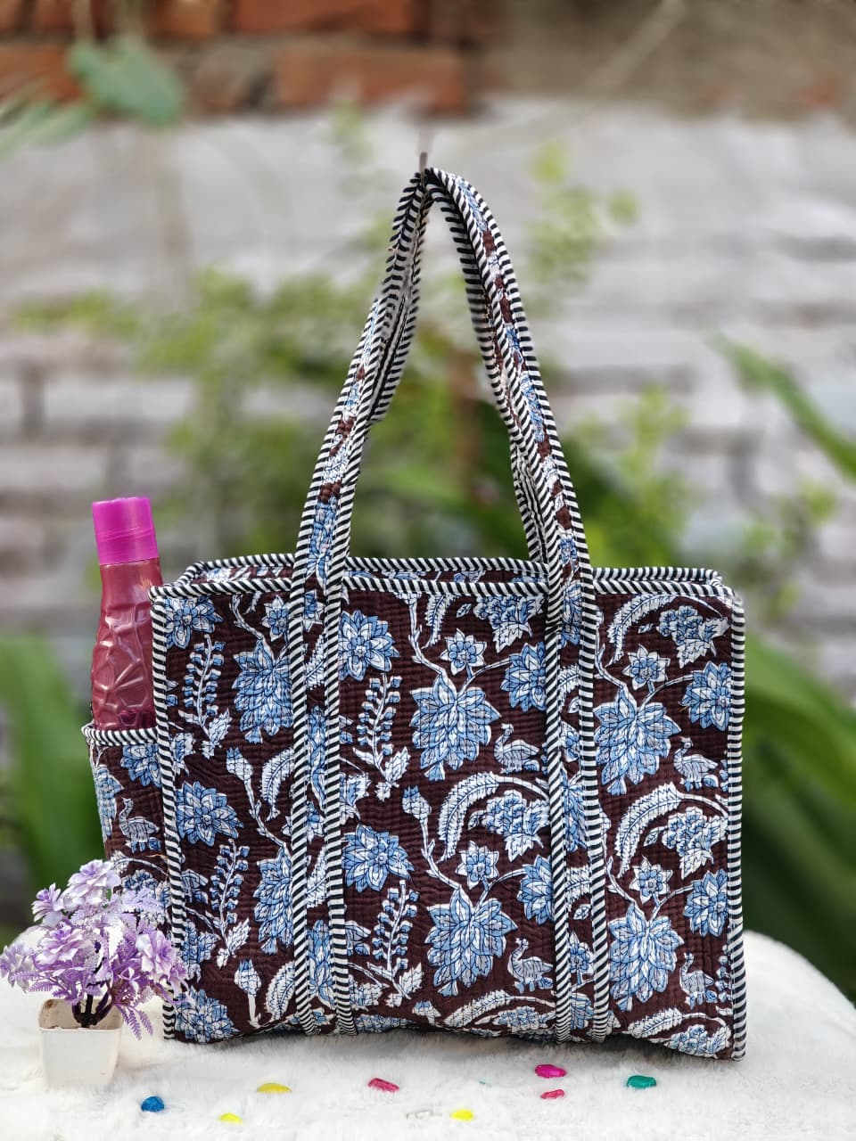 Floral Hand Block Printed Quilted Cotton Tote Bag