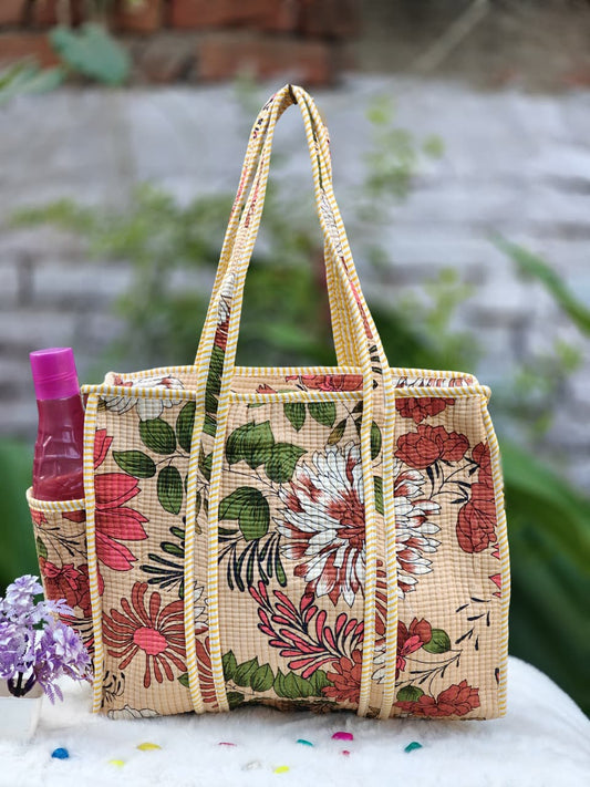 Handcrafted Block Quilted Cotton Tote Bag