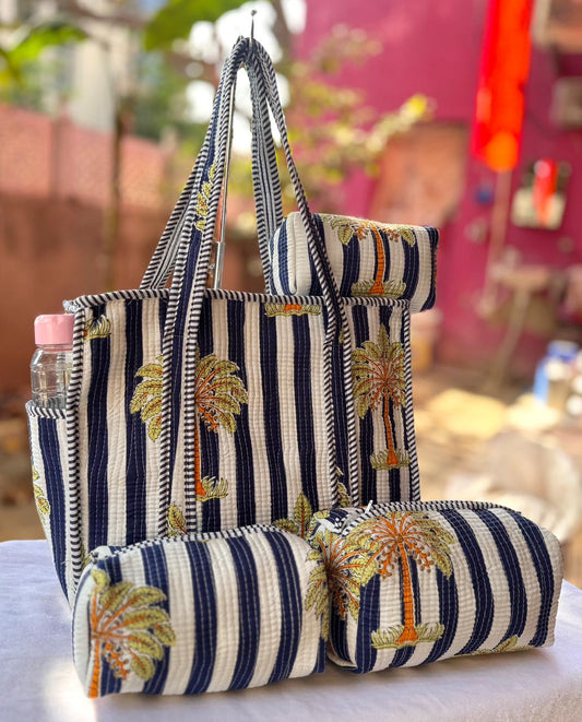 Handcrafted Palm Print Cotton Tote Bag Set