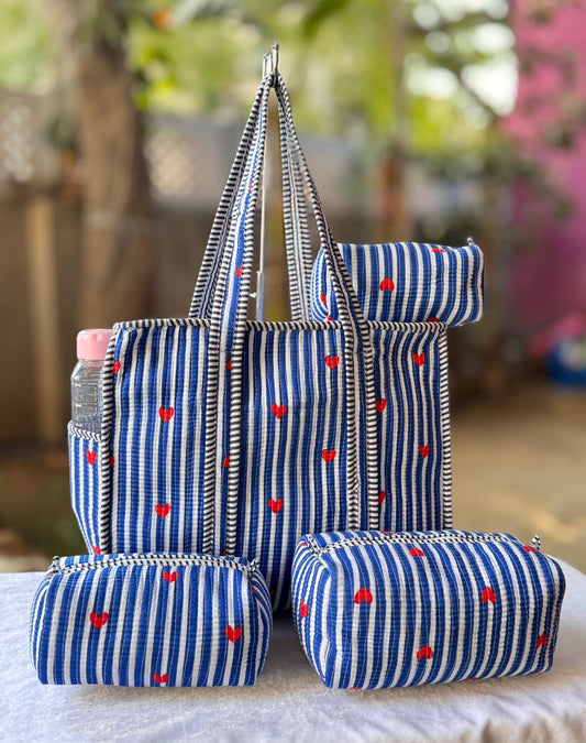 Blue Stripe Heart Print Quilted Cotton Tote Bag Set