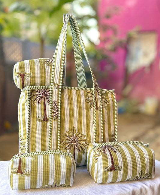 Block Print Quilted Cotton Tote & Pouch Combo Set