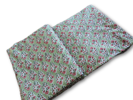 Green Floral Motif Hand Block Cotton Fabric