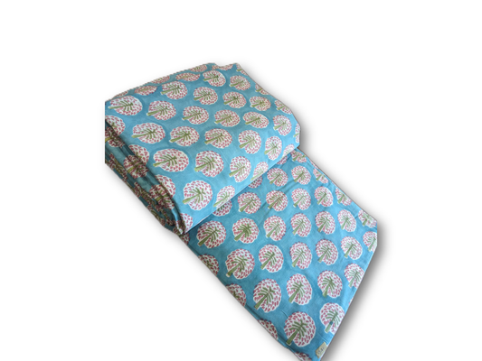 Sky Blue Lotus Hand Block Cotton Fabric