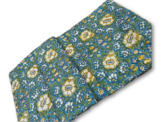 Peacock Blue Floral Hand Block Printed Cotton Fabric