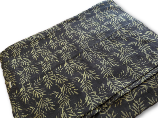 Black Botanical Block Printed Cotton Fabric