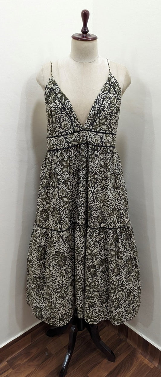 Vine Printed Strap Tiered Dress