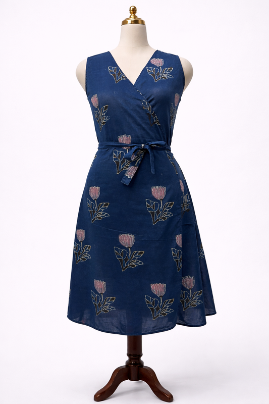 Floral Indigo Cotton Middi Dress