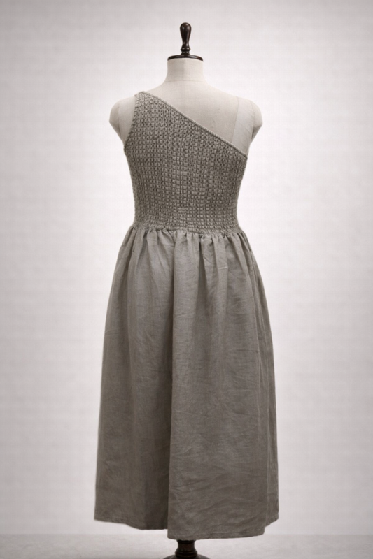 One-Shoulder Linen Smocked Dress