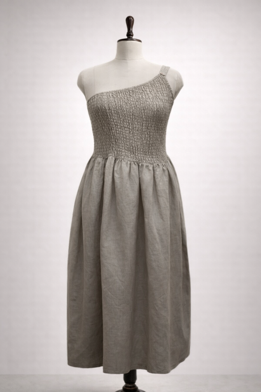 One-Shoulder Linen Smocked Dress
