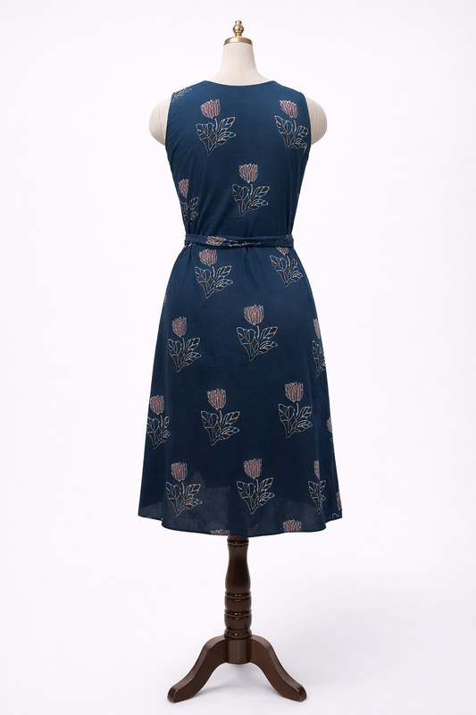 Floral Indigo Cotton Middi Dress